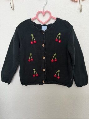 bella bliss dark navy Knit Cardigan with Red Cherry Embroidery